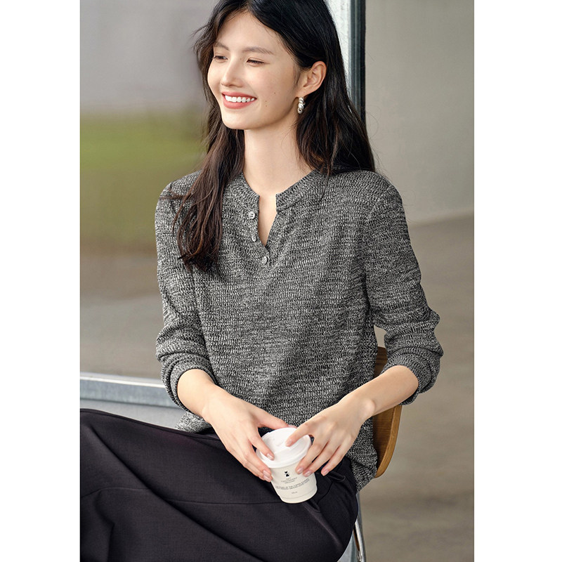 TOUCH MISS小香风显瘦灰色长袖轻奢春秋新款V领针织T恤女TM9258QL