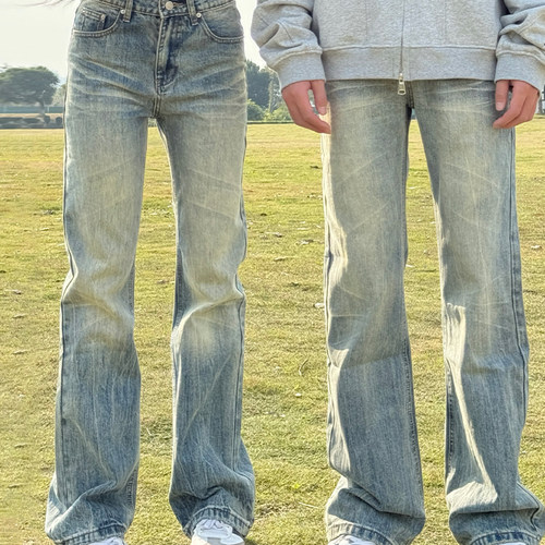美式高街水洗做旧微喇牛仔裤