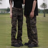 休闲显高裤 记得加辣 男女新款 裤 子潮 2026户外风复古微喇迷彩工装