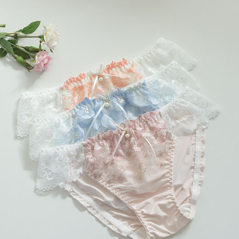 秋冬新品日系内裤女低腰冰丝凉爽透气性感刺绣蝴蝶结青年女性短裤