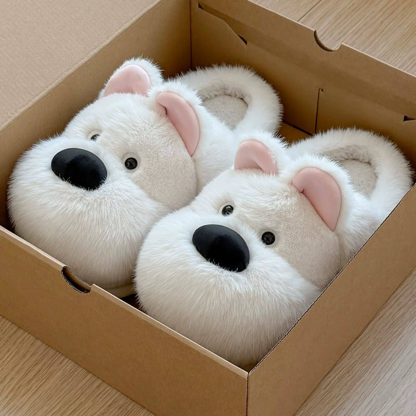 西高地小狗棉拖鞋女冬天防滑情侣毛绒拖鞋冬季厚底保暖加绒毛拖鞋