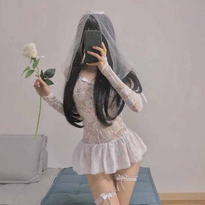 纯欲少女蕾丝吊带裙性感透视婚纱套装新娘睡裙玫瑰刺绣连衣裙205