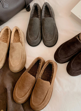 牛皮版~真皮复古软糯乐福鞋女秋冬新款圆头一脚蹬加绒毛毛豆豆鞋