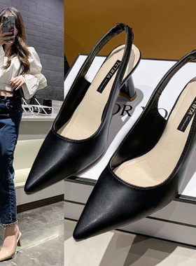 2022春夏季新款尖头高跟鞋女细跟包头凉鞋后空浅口单鞋女