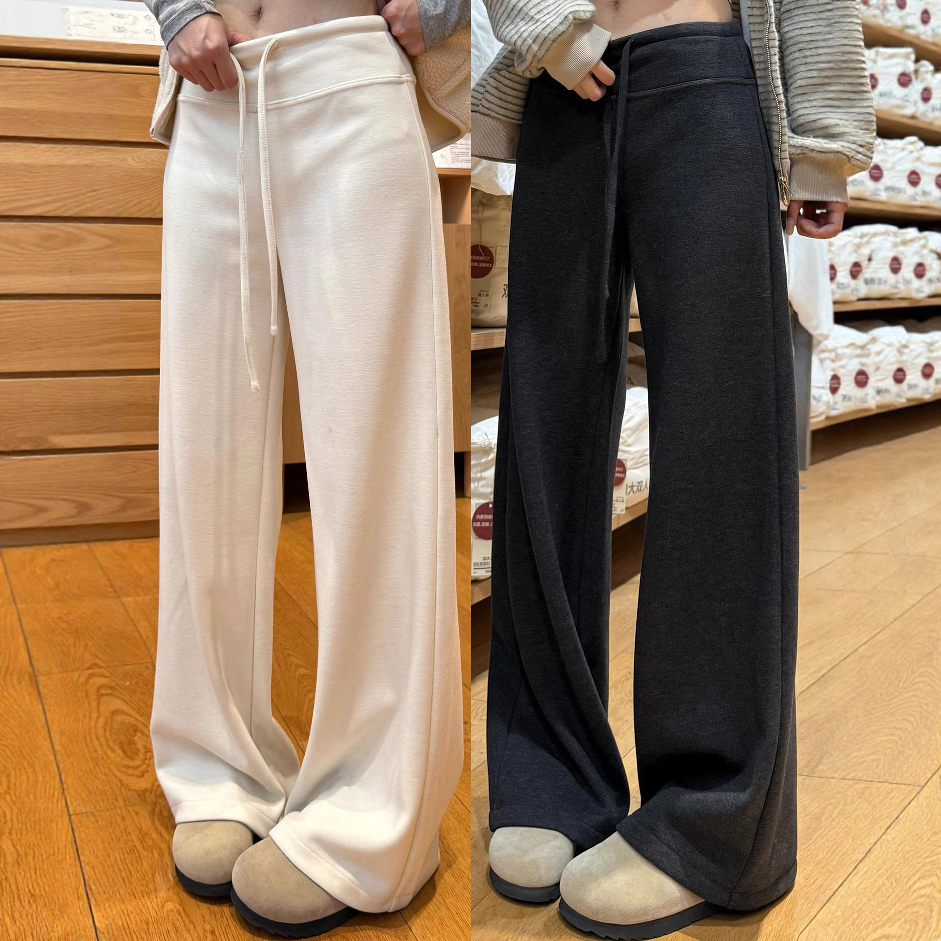 米白色加绒直筒阔腿裤女秋冬2025新款高腰宽松显瘦垂感糯米空气裤