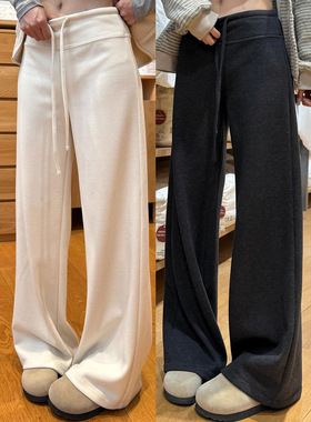 米白色加绒直筒阔腿裤女秋冬2025新款高腰宽松显瘦垂感糯米空气裤