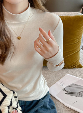 秋冬季微米德绒半高领打底衫女士内搭中领长袖新款可外穿正肩t恤