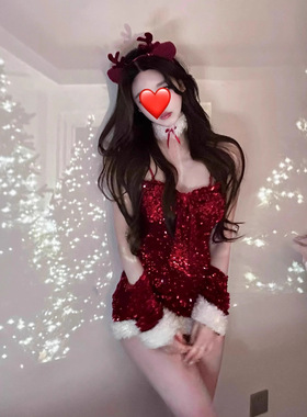 圣诞节战袍穿搭cos麋鹿红色抹胸纯欲风紧身氛围感气质闪片连衣裙