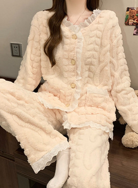 珊瑚绒睡衣女秋冬新款韩版甜美小香风冬天加绒加厚保暖家居服套装