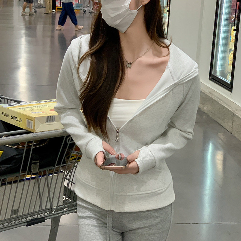 娥状1201口袋连帽拉链卫衣女韩系春秋长袖收腰外套潮牌高级感1391