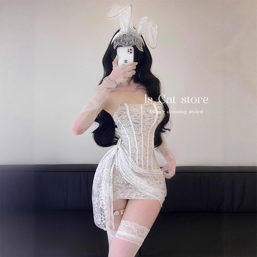 西诗 媚骨天成 性感蕾丝花纹绑带修身网纱抹胸连衣裙包臀短裙