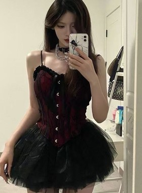 大码性感束腰马甲抺吊带胸塑身衣气质纯欲风抹胸上衣网纱蓬蓬裙子