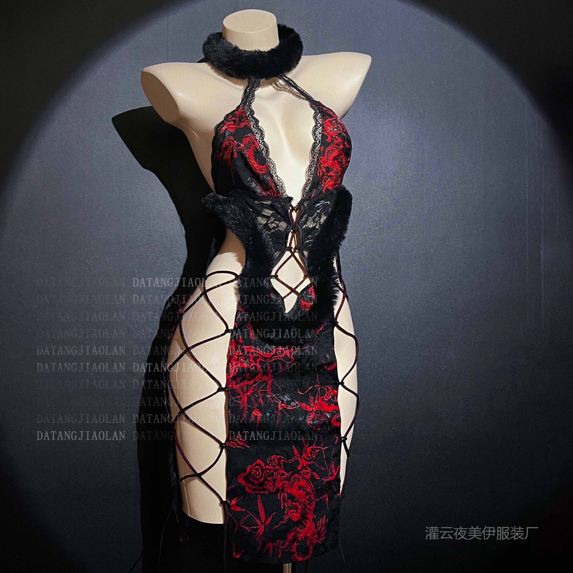 【原版龙焰魅影】大码古风旗袍挂脖连体纯欲复古蕾丝黑红交织制服