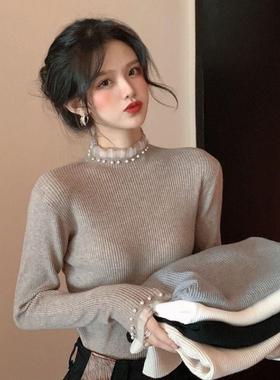 半高领针织衫女秋冬内搭打底衫高级感毛衣女中领外穿女装冰激淋色