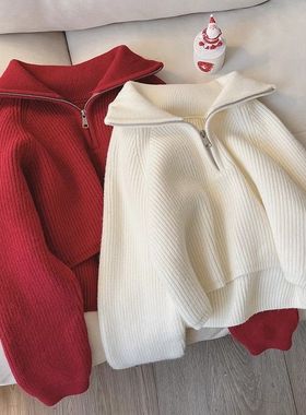 针织秋冬新款减龄设计感拉链宽松显瘦翻领慵懒毛衣上衣女