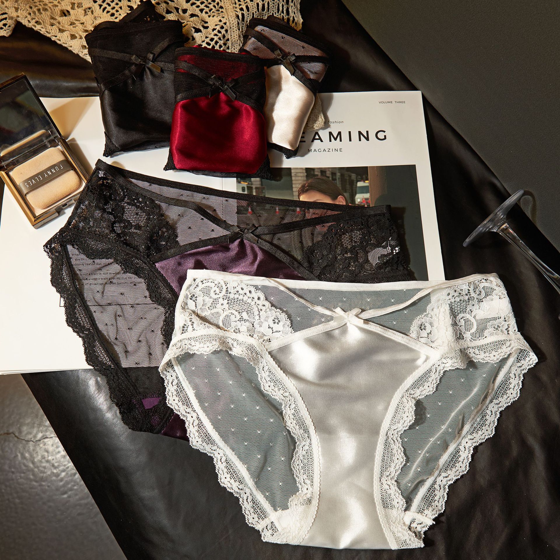 魅力加分项~女士内裤蕾丝网纱 性感蝴蝶结透视薄款低腰女式三角裤