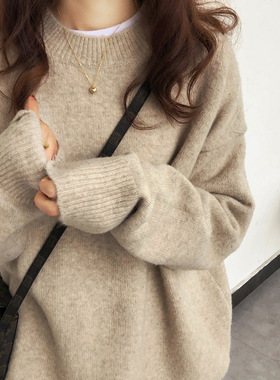 纯色软糯慵懒风套头百搭毛衣秋冬新款宽松百搭圆领厚款针织衫外穿