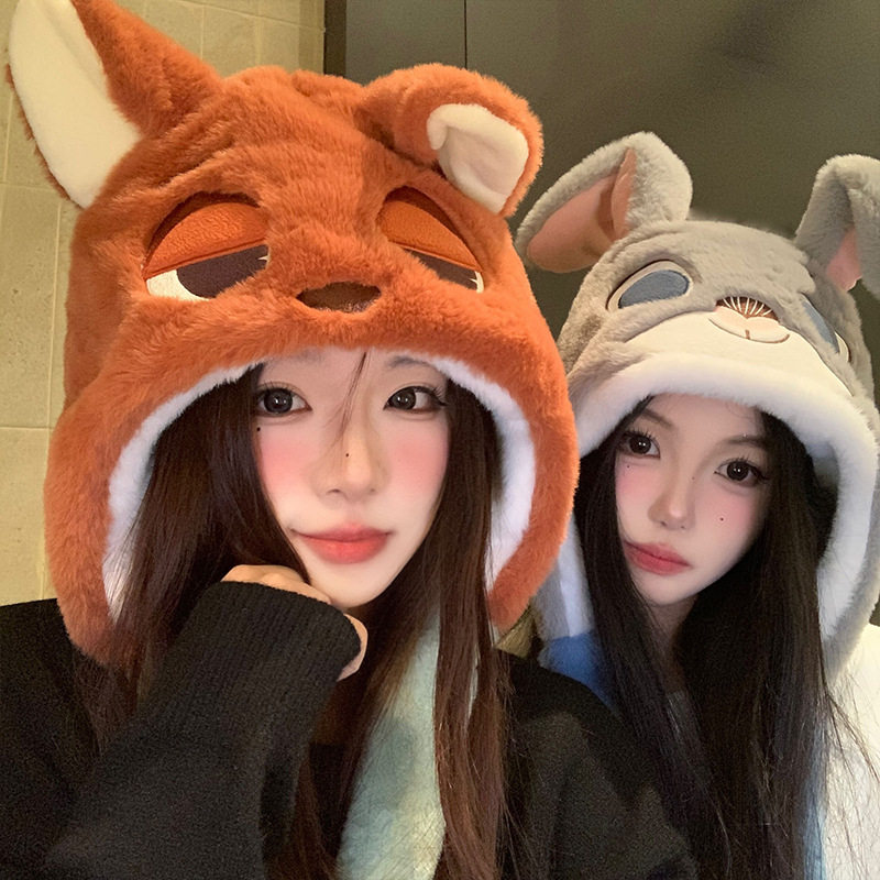 疯狂动物城尼克狐狸兔子毛绒帽子冬季保暖可爱情侣闺蜜围巾一体