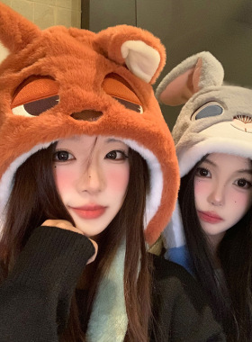 疯狂动物城尼克狐狸兔子毛绒帽子冬季保暖可爱情侣闺蜜围巾一体