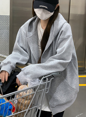 娥状133灰色连帽卫衣女装早秋新款宽松外套韩系慵懒风开衫上衣服