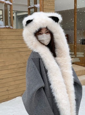 丁走走加厚毛绒狐狸耳朵帽子围巾一体冬季东北防寒保暖雷锋帽护耳