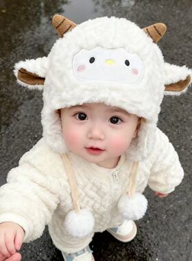婴儿帽子秋冬季毛绒小羊帽宝宝可爱护耳帽婴儿外出加厚保暖包头帽