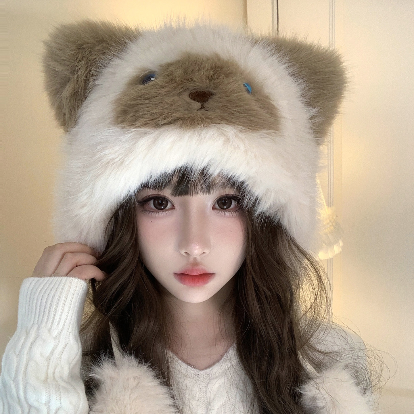 可爱小猫毛绒帽子女秋冬季韩版针织帽百搭甜美保暖通暹罗护耳帽