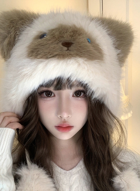 可爱小猫毛绒帽子女秋冬季韩版针织帽百搭甜美保暖通暹罗护耳帽