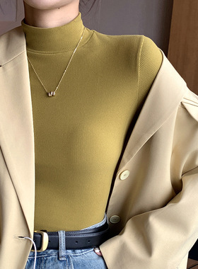 H329针织半高领打底衫女新款秋冬内搭黑白色秋衣洋气中领套头长袖