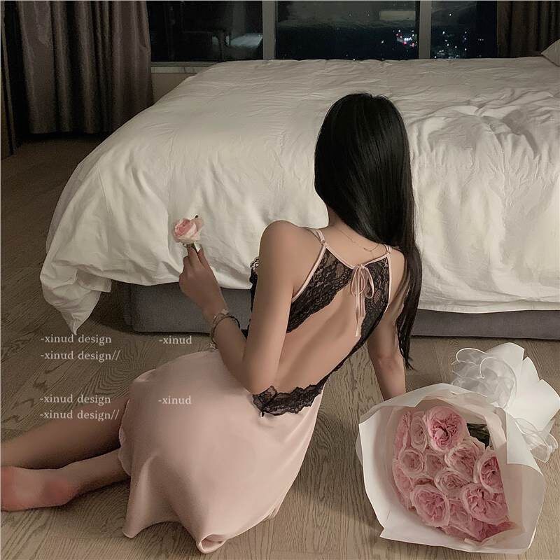 「西诗」粉黛心事* 薄款蕾丝边露背温柔女人味睡裙纯欲性感睡衣夏