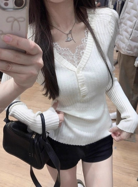 纯欲蕾丝拼接V领针织衫女2025秋冬季新款修身长袖内搭打底衫上衣