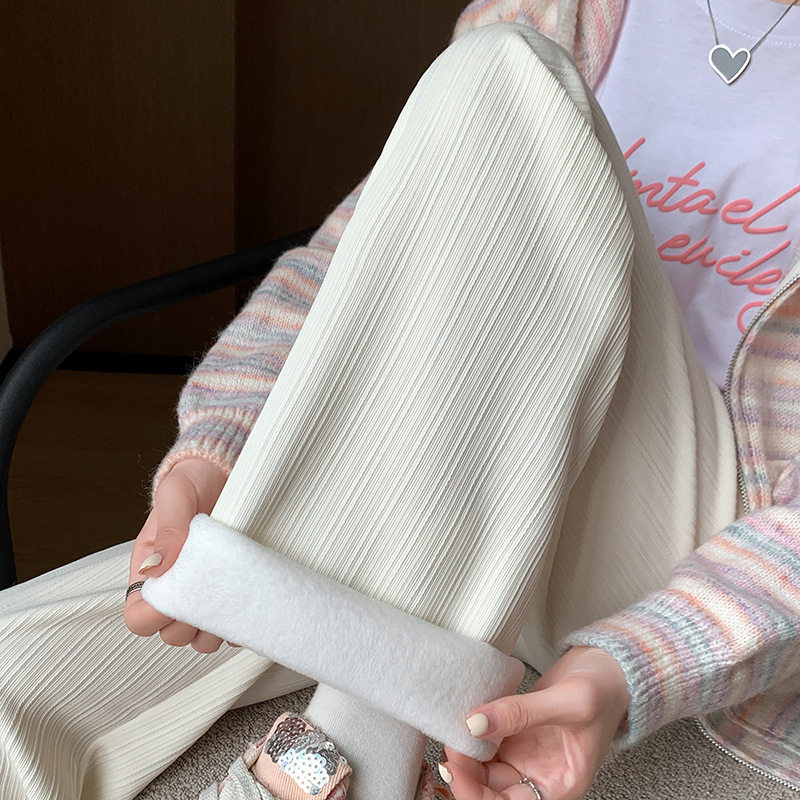 H389窄版竖条纹加绒阔腿裤女秋冬新款宽松显瘦高腰垂感直筒休闲裤