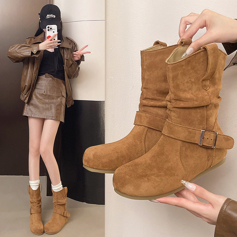 大码靴子胖mm粗腿2025秋冬新款女靴中筒靴百搭经典大筒围勃肯女鞋