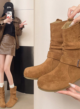 大码靴子胖mm粗腿2025秋冬新款女靴中筒靴百搭经典大筒围勃肯女鞋