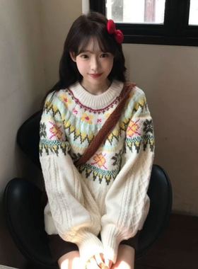 费尔岛设计感毛衣女秋冬新款慵懒风高级感灯笼袖宽松森系针织衫女