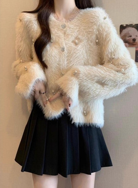 秋冬新款法式钉珠针织开衫韩系慵懒风毛衣外套女小香风上衣