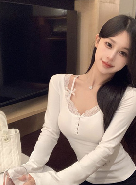 【德绒1_1】蕾丝拼接假两件T恤女秋冬白色修身内搭打底衫纯欲风上