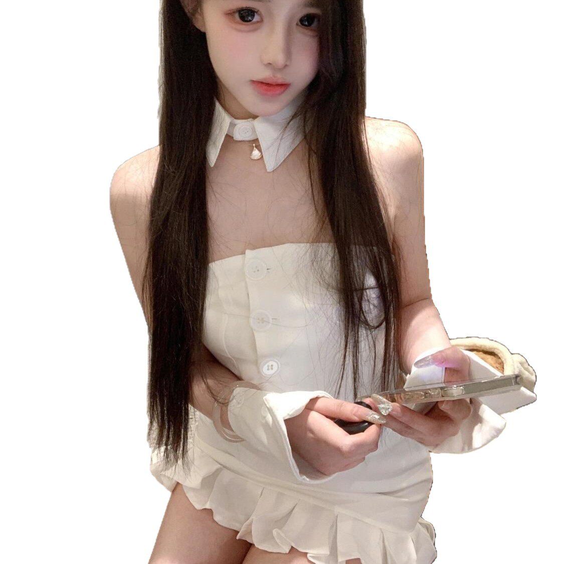 纯欲风性感辣妹白色套装裙抹胸露腰上衣拼接荷叶边包臀短裙两件套