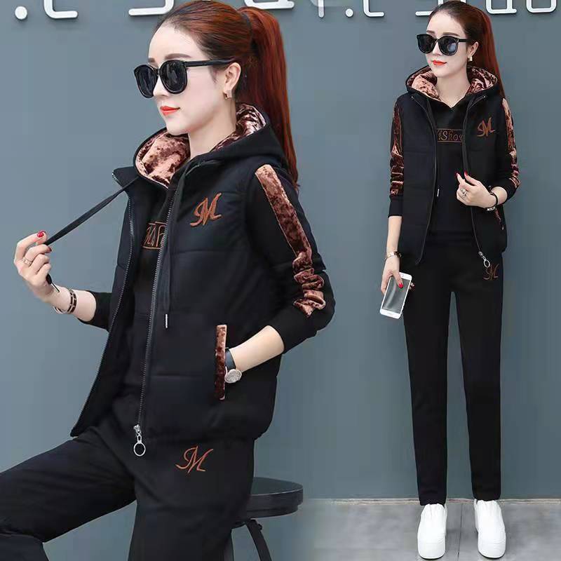 加绒加厚运动服女秋冬季女装新款韩版保暖时尚套装连帽卫衣三件套