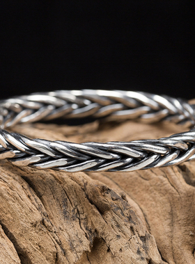 珍华堂纯手工银手镯王者镯手工编织黑色纯银手镯送礼男士复古银饰