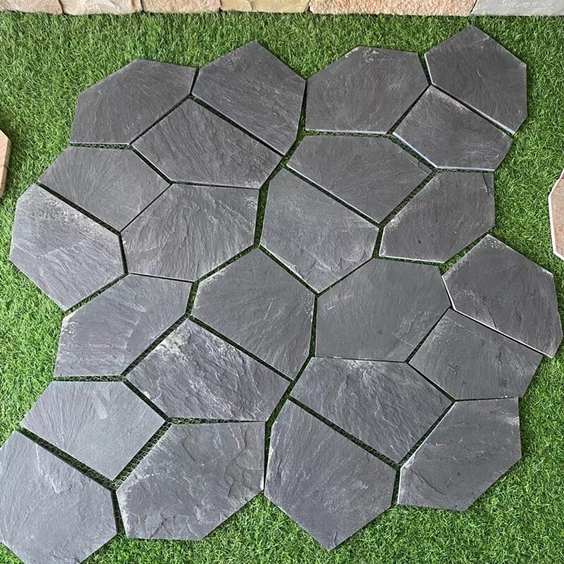 九江天然青石板冰裂纹碎拼地砖庭院花园广场黑色不规则地铺石