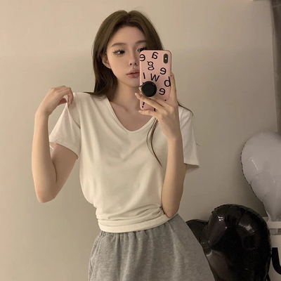 莫代尔棉宽松正肩锁骨t恤女夏季