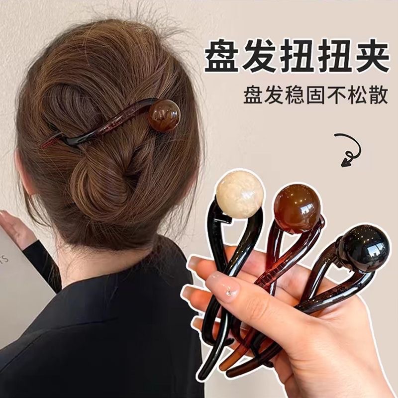 简约咖色珍珠一字抓夹女韩版新款高级感扭扭发夹后脑勺鲨鱼夹