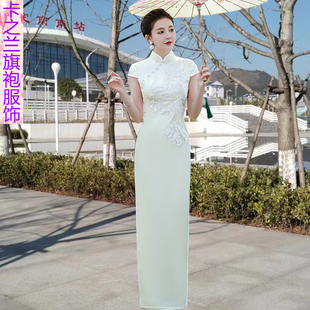 走秀长款旗袍2023夏季新品斜襟包扣蕾丝绣花古典修身演出服连衣裙