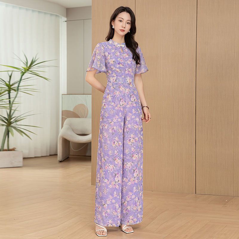 2025夏女新款高腰长裤连体阔腿裤新中式国风修身显瘦优雅连体衣