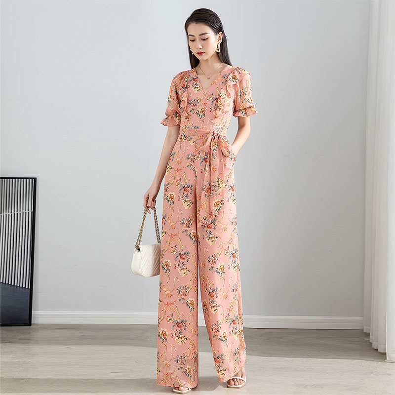 夏新品2025女韩系风荷叶边装饰花色灯笼袖雪纺阔腿连体裤原创长裤