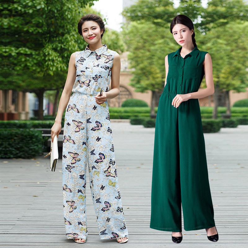 雪纺阔腿裤原创花色 修身连体裤 连衣长裤女夏新款