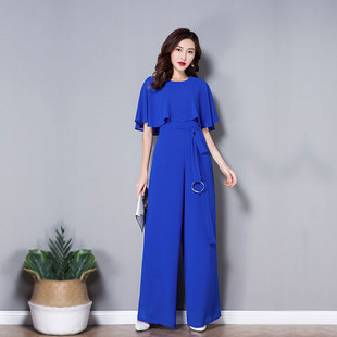 修身 长裤 连衣原创女显瘦宝蓝色阔腿 夏雪纺连体裤 新款