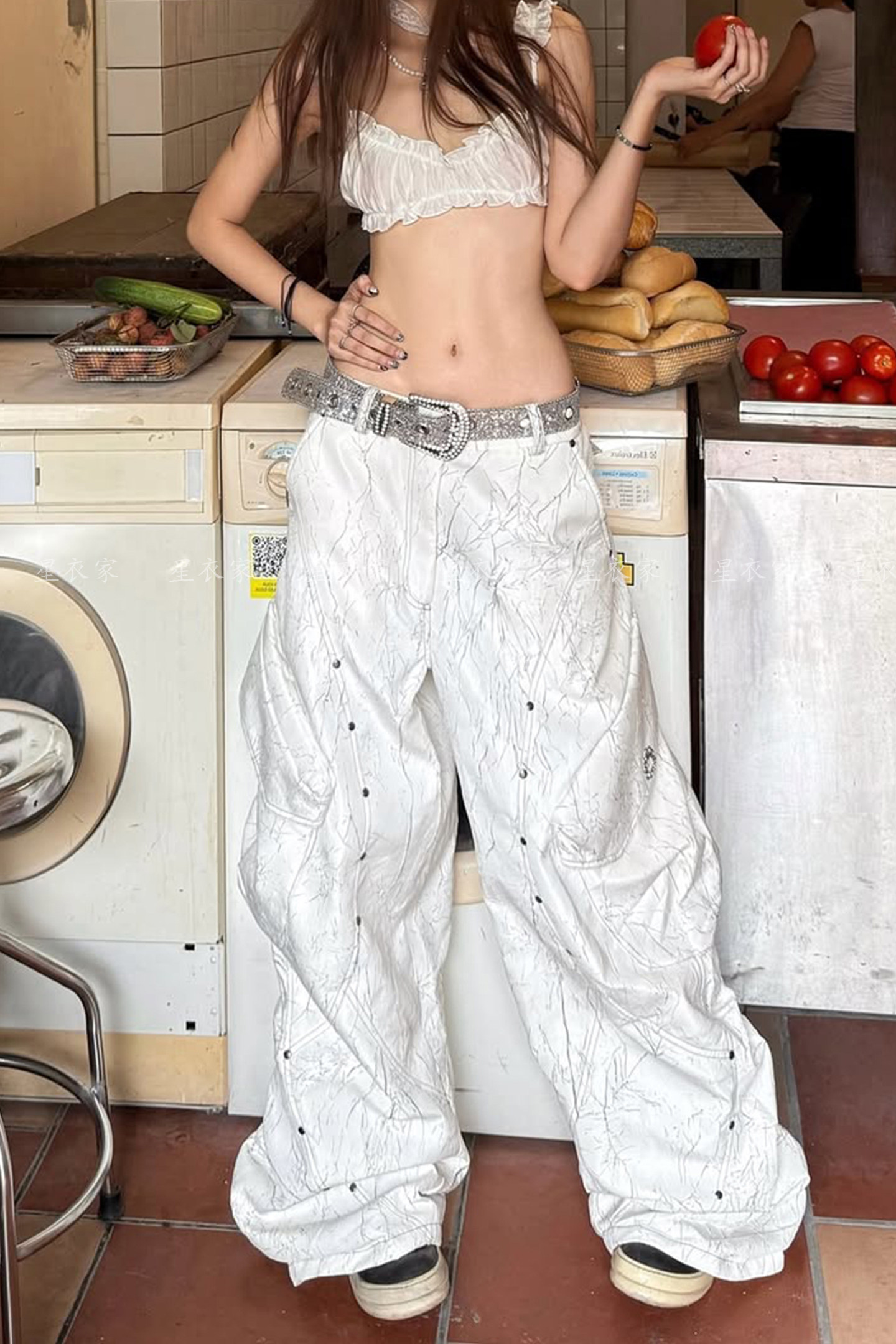 thumbnail for American vintage design sense twig print cargo pants girls hot girl street hip hop style studded spliced floor-length pants