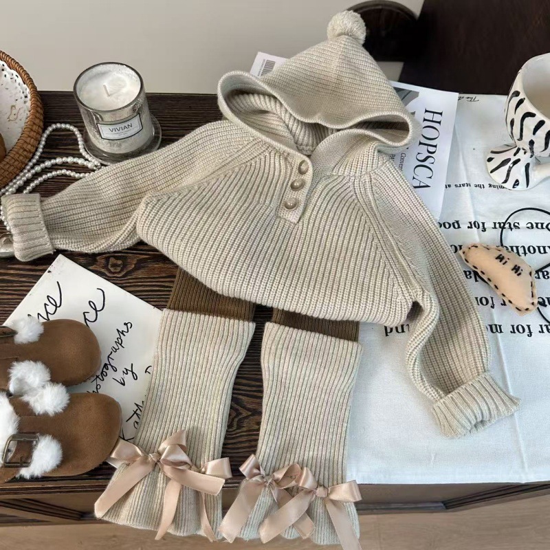 韩版童装2025新款秋季女童连帽针织毛衣毛线打底裤堆堆袜两件套